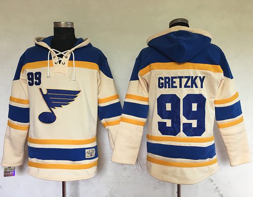 Blues #99 Wayne Gretzky Cream Sawyer Hooded Sweatshirt Stitched NHL Jersey - Click Image to Close